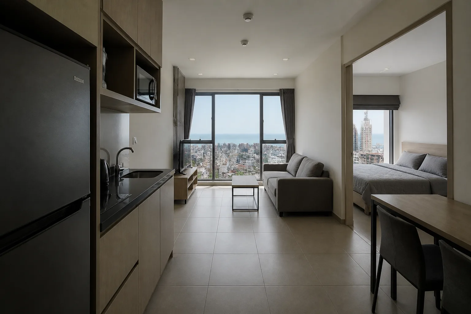 A compact high-floor one-bedroom condo with a city view and a strip of sea on the horizon