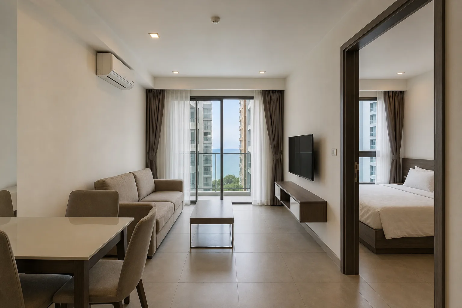 A tidy furnished one-bedroom rental condo with a sofa, dining table and a sea glimpse from the balcony