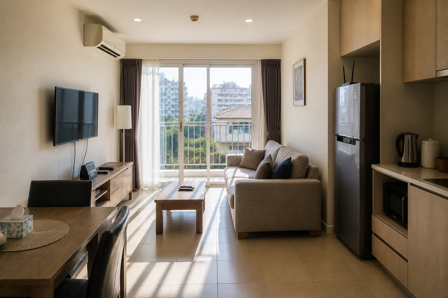 A furnished one-bedroom condo living room seen from the entry, afternoon light from a west-facing balcony