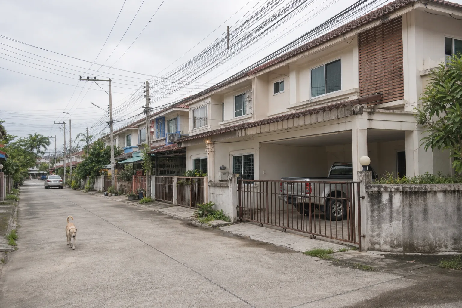 A two-storey unfurnished townhouse in an older Pattaya development, seen from the street